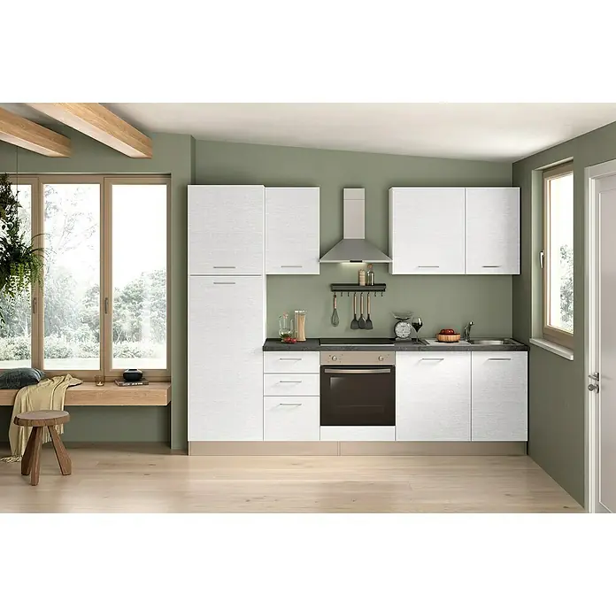 Marinelli Cucine Vormontierte Küchenzeile Idra - Breite: 270 cm, Weiß, Mit Elektrogeräten - Helle Küche mit weißen Schränken, grauer Arbeitsplatte und modernen Geräten, die eine stilvolle und funktionale Raumlösung bieten.