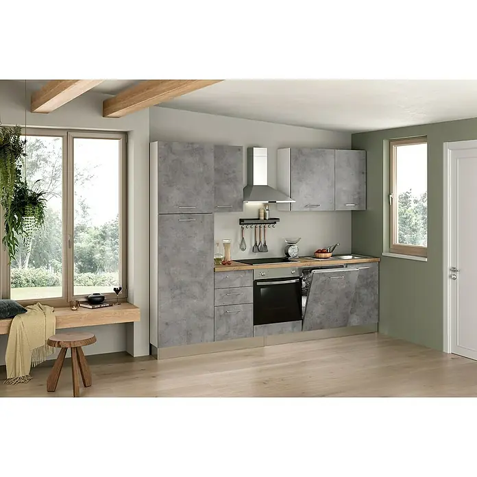 Marinelli Cucine Vormontierte Küchenzeile Cassiopea - Breite: 270 cm, Hellgrau, Mit Elektrogeräten - Diese moderne Küche in Betonoptik bietet viel Stauraum und eine stilvolle Arbeitsfläche. Die Holzdetails und die großen Fenster sorgen für Helligkeit.
