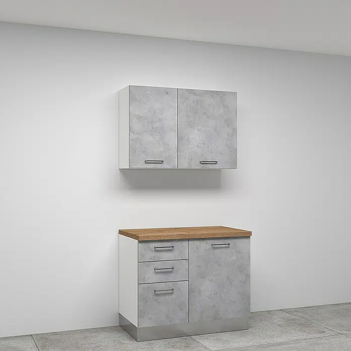 Marinelli Cucine Vormontierte Küchenzeile Cassiopea - Breite: 315 cm, Hellgrau, Mit Elektrogeräten - Moderne Küchenzeile mit Betonoptik-Schränken und Holzplatte. Das Möbelset umfasst Ober- und Unterschränke mit minimalistischen Griffen.