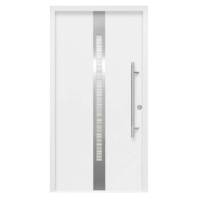 Splendoor Haustür Thermodoor PLUS SP20 - 100 x 210 cm, DIN Anschlag: Rechts, Verkehrsweiß - Diese Aufnahme zeigt eine moderne, weiße Haustür mit einem vertikalen Metalleinsatz und einem langen, schlanken Türgriff.