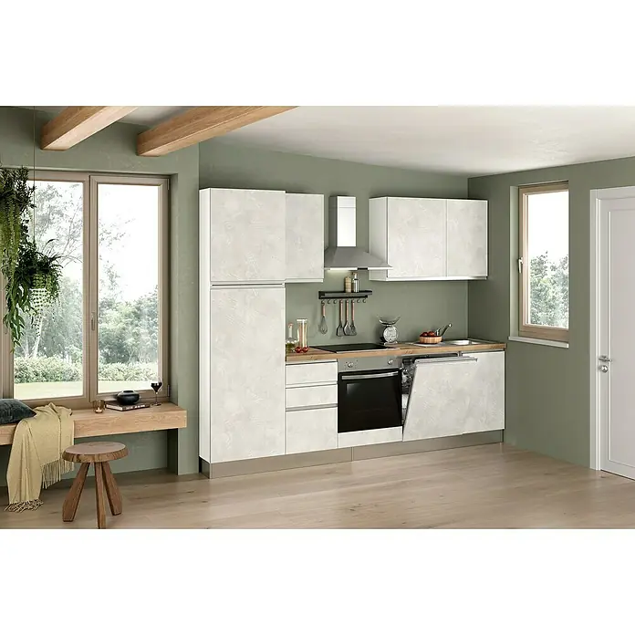Marinelli Cucine Vormontierte Küchenzeile Marina - Breite: 270 cm, Weiß, Mit Elektrogeräten, Spüle rechts - Ein modernes Küchendesign mit hellen Schränken, einer Dunstabzugshaube und einer gemütlichen Sitzecke am Fenster.
