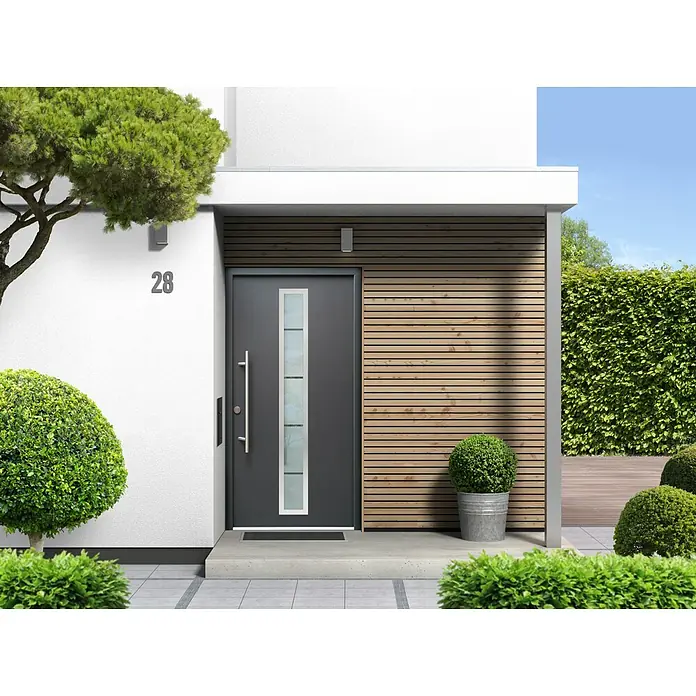 Splendoor Haustür Thermodoor PLUS SP70 - 100 x 210 cm, DIN Anschlag: Links, Anthrazitgrau Feinstruktur - Moderne Haustür in Anthrazit mit Glaseinsatz und Edelstahlgriff in stilvollem Hauseingangsbereich mit Holzelementen und gepflegtem Grün.