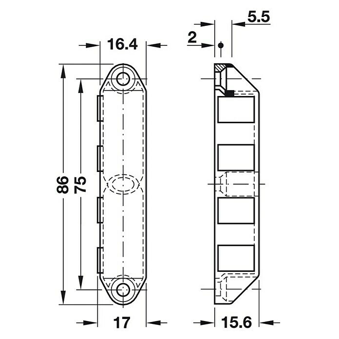 Häfele MagnetverschlussHaftkraft: 12 kg, B x H: 17 x 86 mm, Zinkdruckguss Front View