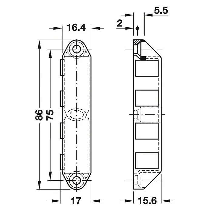 Suki Cierre magnético - Fuerza de adherencia: 12 kg, An x Al: 17 x 86 mm, Zinc fundido - Dibujo técnico de un perfil alargado con indicaciones de dimensiones para longitud, anchura y distancias entre orificios.