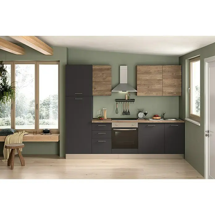 Marinelli Cucine Vormontierte Küchenzeile Vega - Breite: 270 cm, Anthrazit/Nuss, Mit Elektrogeräten - Helle Küche mit modernen Elementen in Holzoptik, dunklen Schränken und viel Tageslicht für ein freundliches Ambiente.