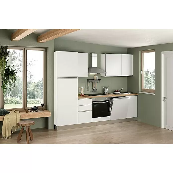 Marinelli Cucine Vormontierte Küchenzeile Luce - Breite: 270 cm, Weiß, Mit Elektrogeräten, Spüle rechts - Moderne Küche mit weißen Schränken, Holzplatte und integrierten Geräten, darunter Ofen und geöffneter Geschirrspüler.