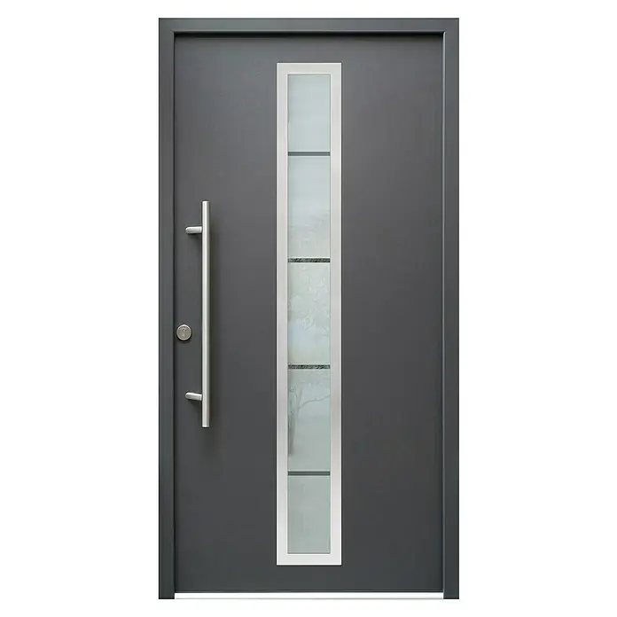 Splendoor Haustür Thermodoor PLUS SP70 - 100 x 210 cm, DIN Anschlag: Links, Anthrazitgrau Feinstruktur - Moderne Haustür in Anthrazit mit einem vertikalen, strukturierten Glaseinsatz und einem langen, silberfarbenen Griff.