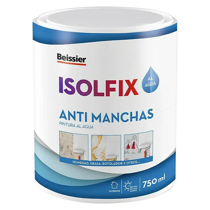 Beissier Pintura antimanchas Isolfix - Blanco, 750 ml - Bote de pintura al agua antimanchas Beissier Isolfix, 750ml, para interiores. Protege contra la humedad, grasa y otras manchas.