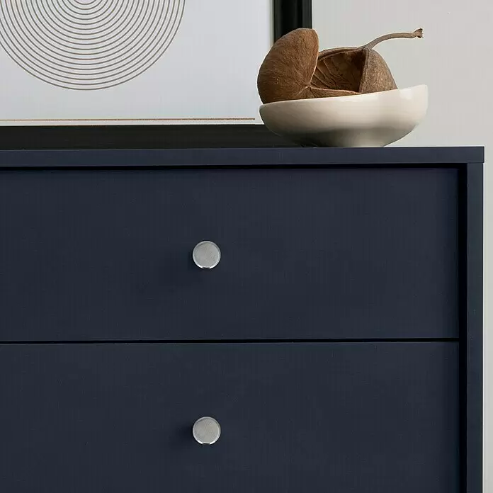 Häfele Pomo para muebles - Tipo de tirador del mueble: Botón, Ø x Al: 20 x 24 mm - Cómoda azul oscuro de dos cajones con tiradores plateados, coronada por un cuenco blanco y una obra de arte.
