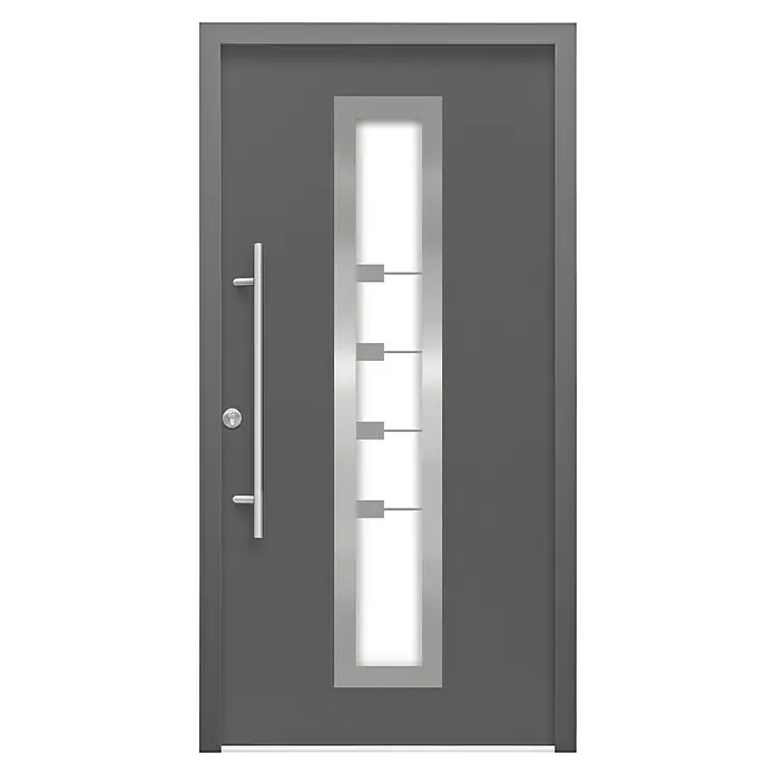 Splendoor Haustür Thermodoor PLUS SP80 - 110 x 210 cm, DIN Anschlag: Links, Anthrazitgrau Feinstruktur - Eine moderne graue Haustür mit einem länglichen Fenster und einem eleganten Griff. Das Design ist schlicht und zeitgemäß.