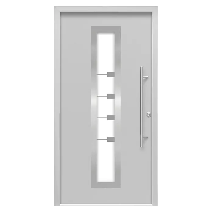 Splendoor Haustür Thermodoor PLUS SP80 - 100 x 210 cm, DIN Anschlag: Rechts, Verkehrsgrau - Elegante graue Haustür mit langem, senkrechtem Griff und einem schmalen, rechteckigen Glaseinsatz mit modernen Querstreben.