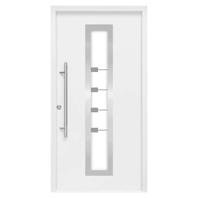 Splendoor Haustür Thermodoor PLUS SP80 - 110 x 210 cm, DIN Anschlag: Links, Verkehrsweiß - Weiße Haustür mit vertikalem Fenster und silbernem Griff.