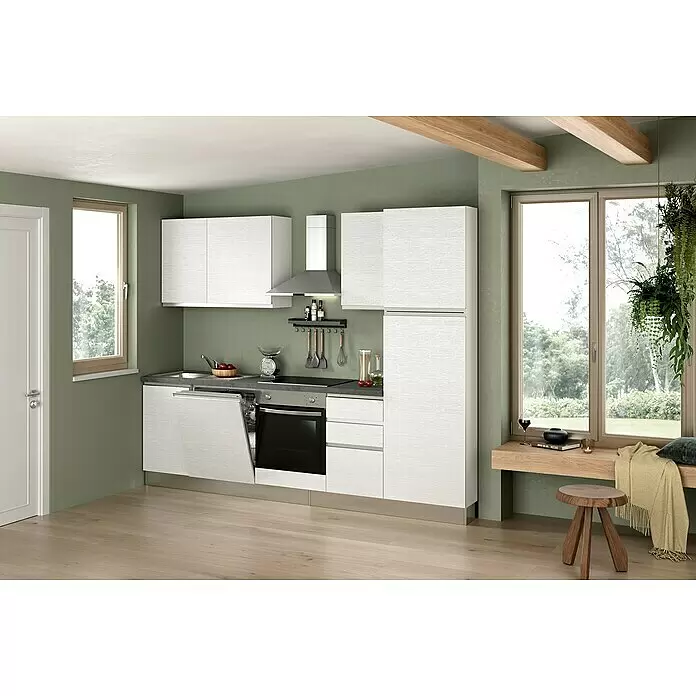 Marinelli Cucine Vormontierte Küchenzeile Gemma - Breite: 270 cm, Weiß, Mit Elektrogeräten, Spüle links - Moderne Küche mit weißen strukturierten Schränken, dunkler Arbeitsplatte und integrierten Geräten.