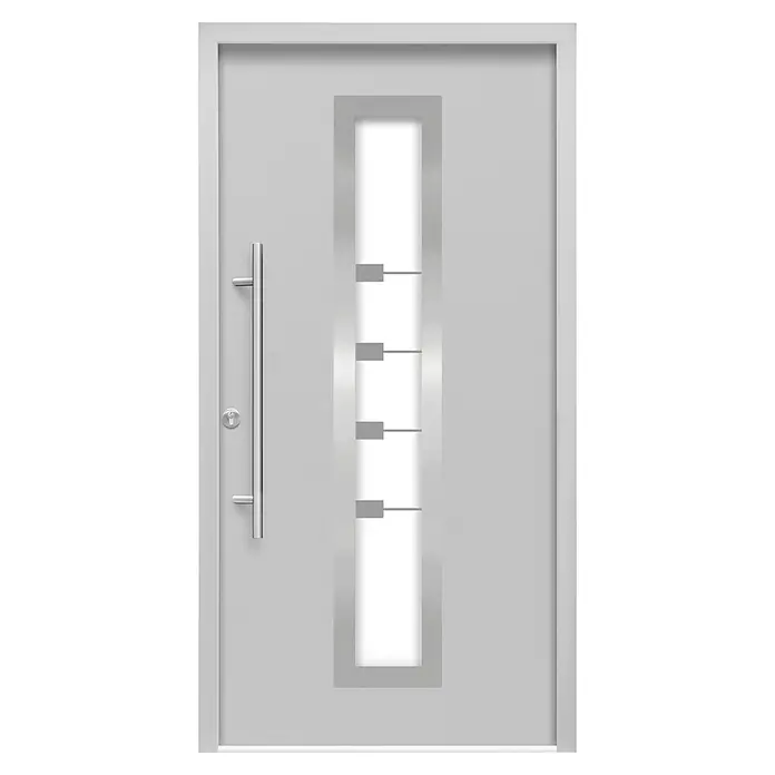 Splendoor Haustür Thermodoor PLUS SP80 - 110 x 210 cm, DIN Anschlag: Links, Verkehrsgrau - Elegante Haustür mit Fenster. Die Tür verfügt über einen langen Griff und ein vertikales Fenster mit dekorativen horizontalen Linien.