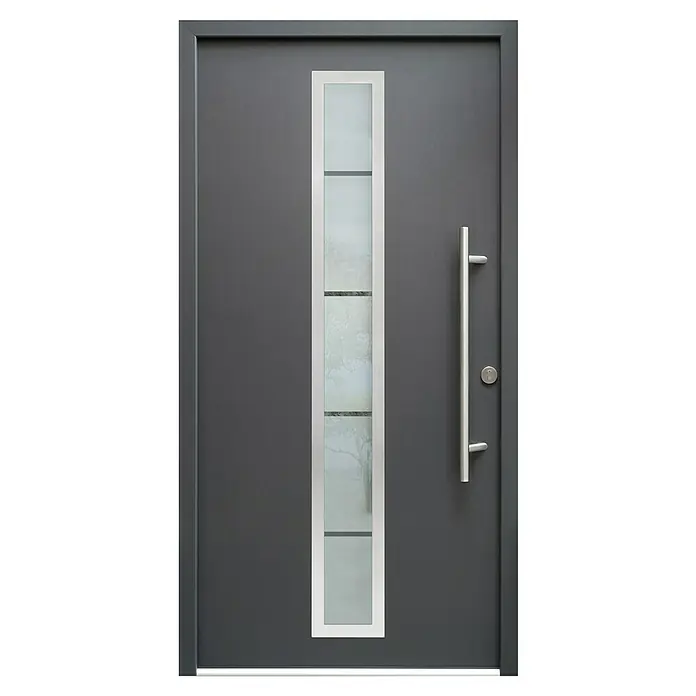 Splendoor Haustür Thermodoor PLUS SP70 - 100 x 210 cm, DIN Anschlag: Rechts, Anthrazitgrau Feinstruktur - Graue Haustür mit einem senkrechten Fensterband und einem langen, silberfarbenen Türgriff.
