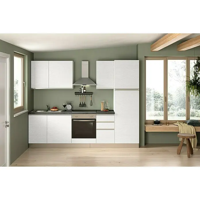 Marinelli Cucine Vormontierte Küchenzeile Gemma - Breite: 270 cm, Weiß, Mit Elektrogeräten, Spüle links - Moderne Küche mit weißen Schränken, dunkler Arbeitsplatte und Edelstahl-Dunstabzugshaube für ein elegantes und funktionales Design.