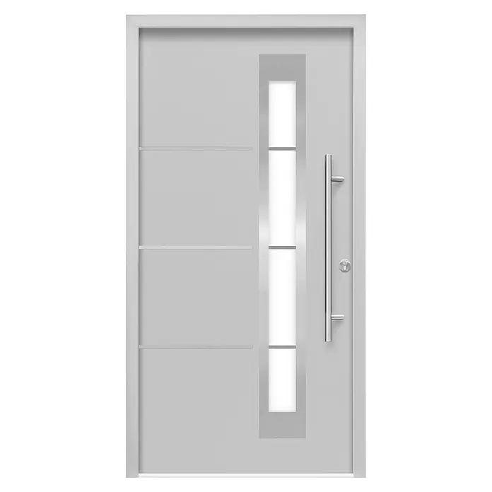 Splendoor Haustür Thermodoor PLUS SP50 - 110 x 210 cm, DIN Anschlag: Rechts, Verkehrsgrau - Elegante, moderne Haustür in Grau mit vertikalem Glaseinsatz und schlichtem, langem Türgriff. Zeitgemäßes Design für den Eingangsbereich.