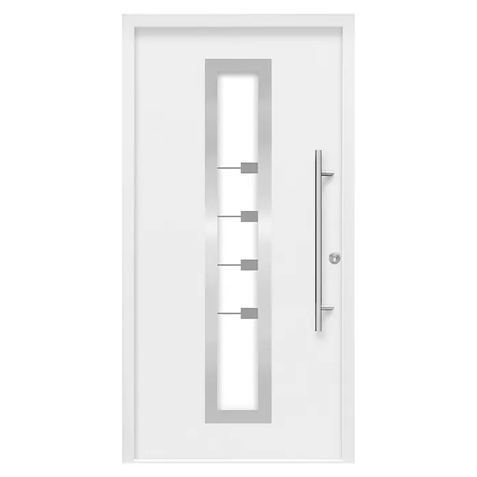 Splendoor Haustür Thermodoor PLUS SP80 - 110 x 210 cm, DIN Anschlag: Rechts, Verkehrsweiß - Eine moderne, weiße Haustür mit einem länglichen Glaseinsatz und einem stilvollen Edelstahlgriff, der Eleganz und Sicherheit vereint.