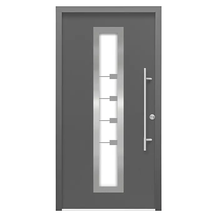 Splendoor Haustür Thermodoor PLUS SP80 - 110 x 210 cm, DIN Anschlag: Rechts, Anthrazitgrau Feinstruktur - Graue Haustür mit schmalem, senkrechtem Glaseinsatz und silberfarbenem Griff. Das moderne Design bietet Licht und Sicherheit.
