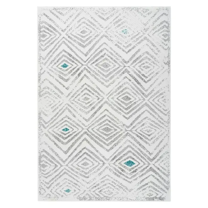 Kayoom Kurzflorteppich Vancouver 410 - Weiß/Grau, 150 x 80 cm, 100 % Polypropylen - Moderner Teppich mit geometrischem Diamantenmuster in Grau und Akzenten in Türkis, ideal für Wohnräume.