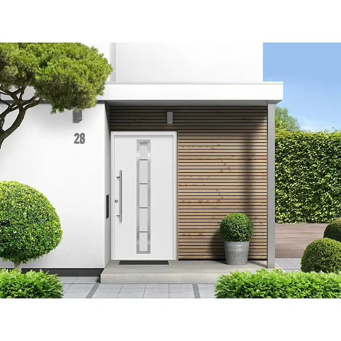 Splendoor Haustür Thermodoor PLUS SP70 - 100 x 210 cm, DIN Anschlag: Links, Verkehrsweiß - Modernes Haus mit einer eleganten weißen Haustür mit Glaseinsätzen und stilvoller Holzverkleidung.
