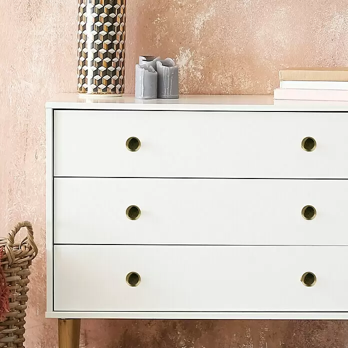 Häfele Pomo para muebles - Tipo de tirador del mueble: Botón, Ø x L: 14 x 13 mm - Cómoda blanca con tres cajones y pomos redondos de latón, ubicada en una habitación.