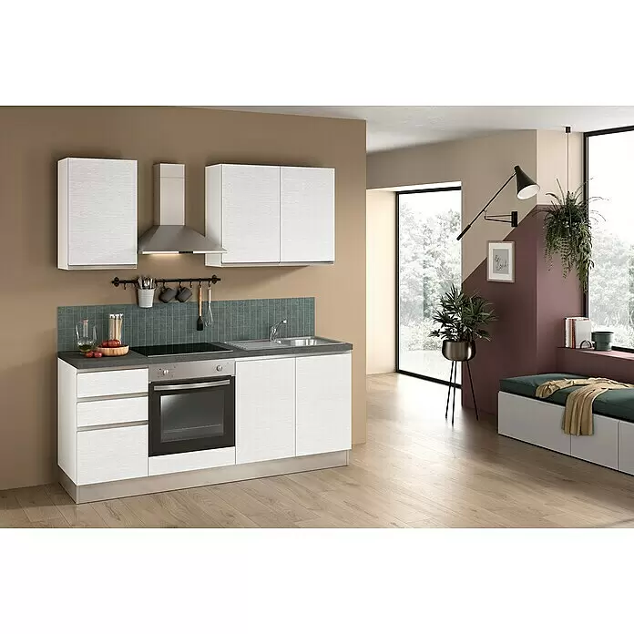 Marinelli Cucine Vormontierte Küchenzeile Gemma - Breite: 195 cm, Weiß, Mit Elektrogeräten, Spüle rechts - Stimmungsaufnahme