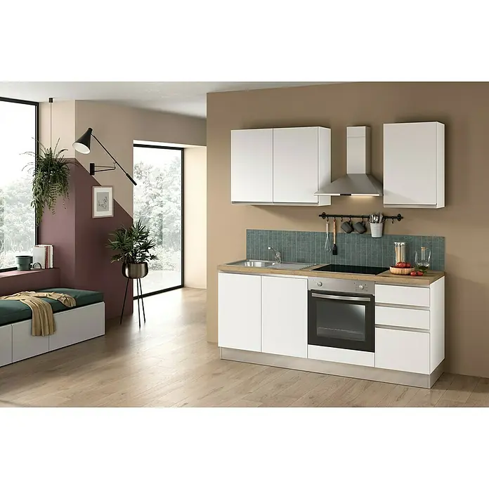Marinelli Cucine Vormontierte Küchenzeile Luce - Breite: 195 cm, Weiß, Mit Elektrogeräten, Spüle links - Moderne Küchenzeile mit weißen Schränken, Arbeitsplatte in Holzoptik und Edelstahlgeräten, die Funktionalität und stilvolles Design vereint.