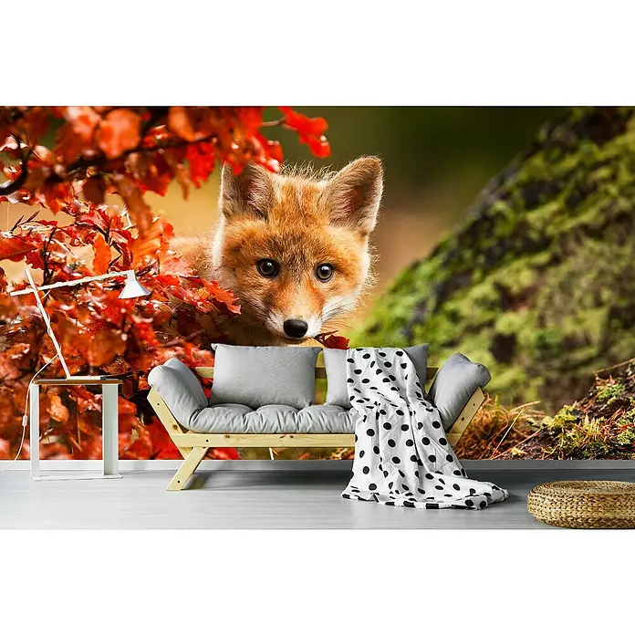 Papermoon Premium collection Fototapete Fuchs - B x H: 250 x 186 cm, Vlies - Wandbild mit einem süßen Fuchs im Herbstlaub. Ideal für ein gemütliches Ambiente und einen Blickfang in jedem Raum.