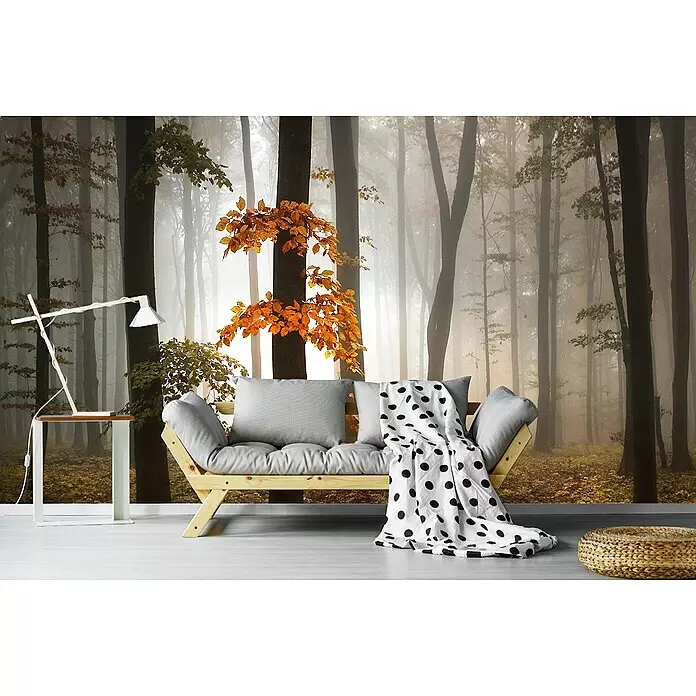Papermoon Premium collection Fototapete Im November - B x H: 300 x 223 cm, Vlies - Ein Holzsofa mit grauen Kissen und einer gepunkteten Decke, dazu ein Tisch und Hocker vor einer Waldtapete.