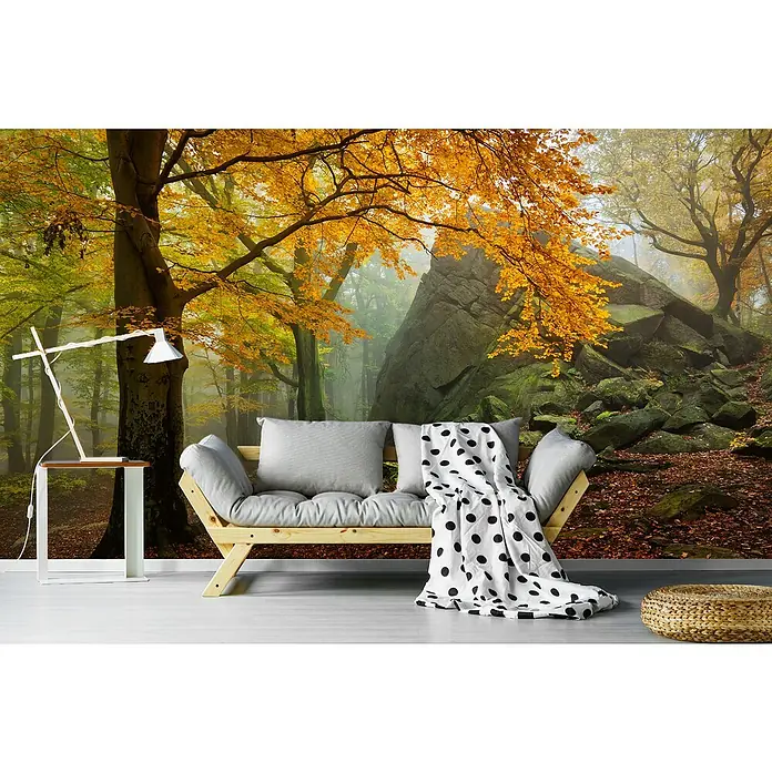 Papermoon Premium collection Fototapete Herbstwald - B x H: 300 x 223 cm, Vlies - Sitzmöbel vor einer Waldtapete, die das Ambiente mit einem Hauch von Natur und Entspannung aufwertet.
