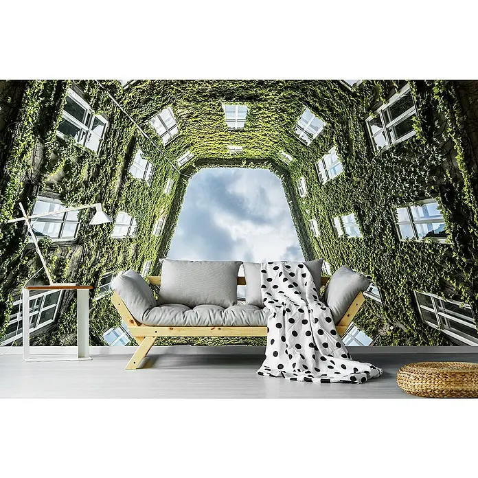 Papermoon Premium collection Fototapete Wiener Hof - B x H: 200 x 149 cm, Vlies - Einladendes Interieur mit einem stilvollen Sofa und einem dekorativen Überwurf vor einer beeindruckenden Naturtapete.