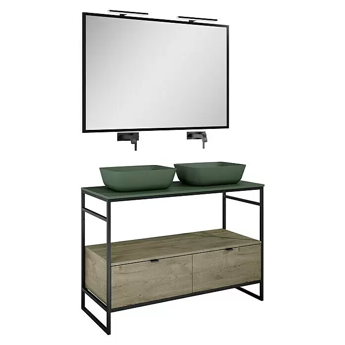 Inspira Badmöbel-Set HB2 - Gesamtbreite Badmöbel: 120 cm, Forest Green/Canela Oak/Black, Matt, 8 -tlg. - Diagonale Ansicht
