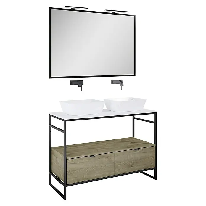 Inspira Badmöbel-Set HB7 - Gesamtbreite Badmöbel: 120 cm, White/Canela Oak/Black, Matt, 8 -tlg. - Modernes Badezimmermöbel mit Doppelwaschbecken und großem Spiegel, ideal für stilvolle Badezimmer.