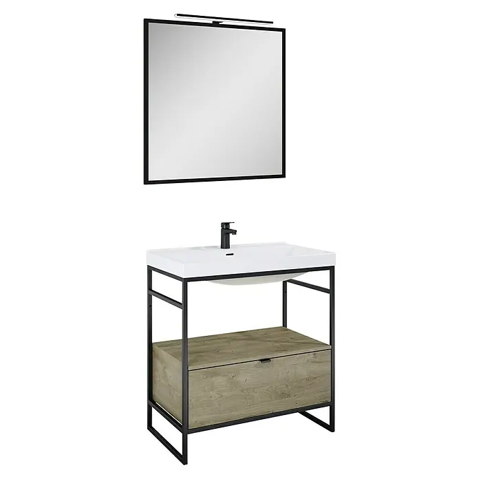 Inspira Badmöbel-Set IA2 - 4 -tlg., 80 cm, White/Canela Oak/Black, Matt - Waschbeckenunterschrank mit modernem Design. Der Waschtisch verfügt über eine Schublade und einen Spiegel mit Beleuchtung.