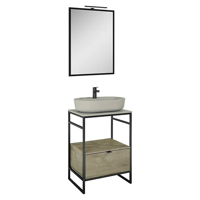 Inspira Badmöbel-Set EA3 - Gesamtbreite Badmöbel: 62 cm, Fume/Canela Oak/Black, Matt, 6 -tlg. - Badmöbel-Set mit Waschbecken, Unterschrank und Spiegel mit Lampe. Elegantes Design für moderne Badezimmer.