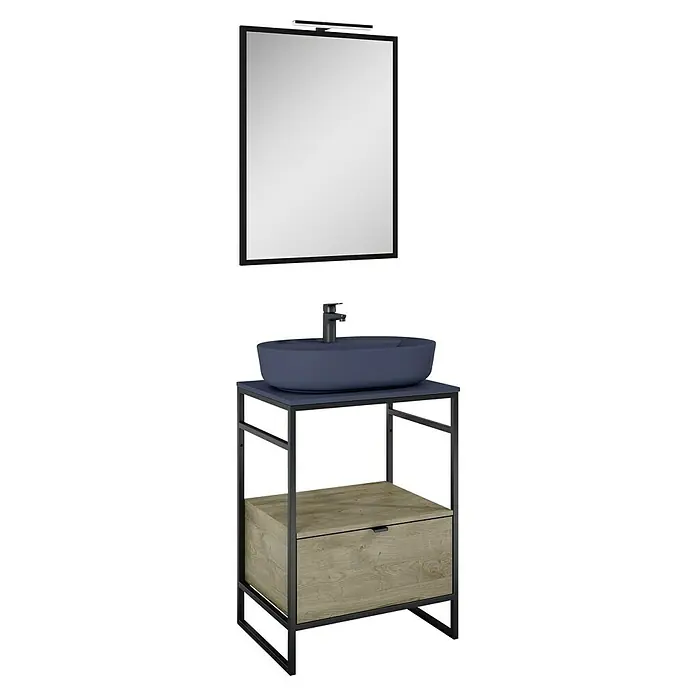 Inspira Badmöbel-Set EA4 - Gesamtbreite Badmöbel: 62 cm, Navy Blue/Canela Oak/Black, Matt, 6 -tlg. - Bild eines Badezimmerschranks mit Waschbecken und Spiegel, ideal für moderne Badezimmer. Das Möbelstück besticht durch sein stilvolles Design.