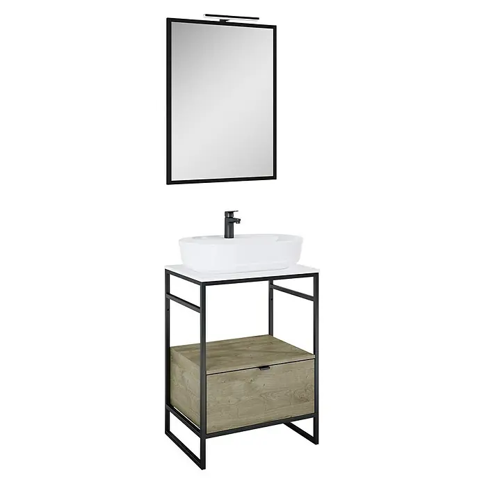Inspira Badmöbel-Set EA7 - Gesamtbreite Badmöbel: 62 cm, White/Canela Oak/Black, Matt, 6 -tlg. - Modernes Badezimmermöbel-Set mit Waschbecken, Unterschrank mit Schublade und Spiegel mit Beleuchtung für ein stilvolles Ambiente.