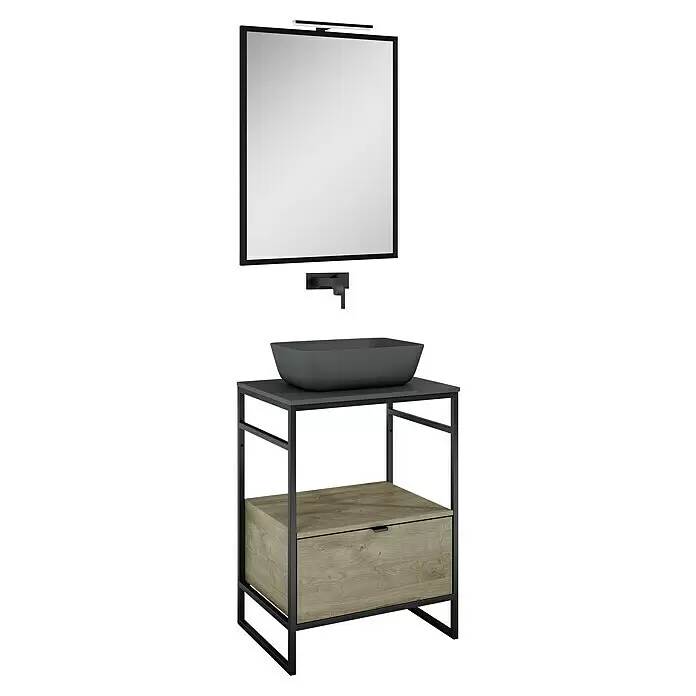 Inspira Badmöbel-Set EB1 - Gesamtbreite Badmöbel: 60 cm, Anthracite/Canela Oak/Black, Matt, 6 -tlg. - Diagonale Ansicht
