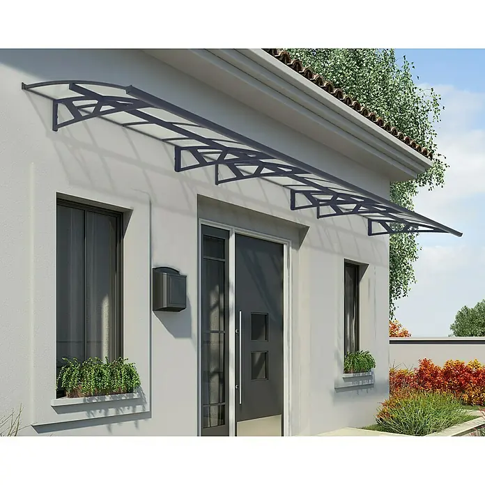 Palram – Canopia Pultvordach Amsterdam - 670,5 x 139 x 33 cm, Anthrazitgrau - Moderne Haustürvordach-Konstruktion mit filigranem Design, die Schutz und Stil vereint. Perfekt für den Eingangsbereich.