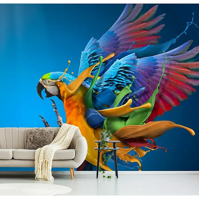 Papermoon Premium collection Fototapete Bravour - B x H: 450 x 280 cm, Vlies - Wandbild mit einem bunten Papagei und Farbspritzern, das jedem Raum Lebendigkeit verleiht. Eine stilvolle Dekoration für moderne Wohnräume.