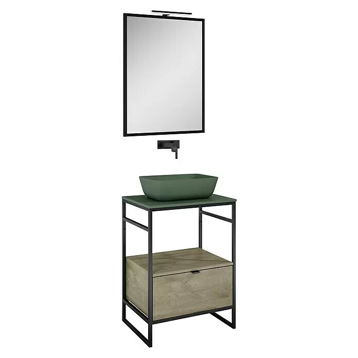 Inspira Badmöbel-Set EB2 - Gesamtbreite Badmöbel: 60 cm, Forest Green/Canela Oak/Black, Matt, 6 -tlg. - Diagonale Ansicht