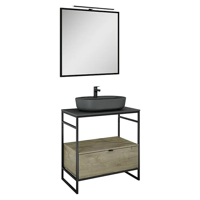 Inspira Badmöbel-Set FA1 - Gesamtbreite Badmöbel: 80 cm, Anthracite/Canela Oak/Black, Matt, 6 -tlg. - Elegantes Waschbecken-Set mit Spiegel. Das Waschbecken ist grau und hat eine Ablage mit einer Schublade. Der Spiegel hat eine LED-Leuchte.