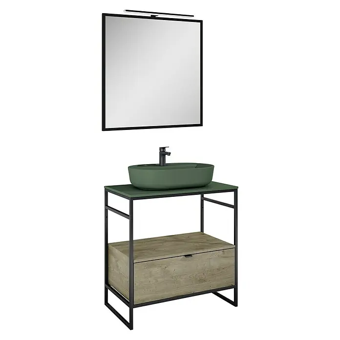 Inspira Badmöbel-Set FA2 - Gesamtbreite Badmöbel: 80 cm, Forest Green/Canela Oak/Black, Matt, 6 -tlg. - Moderner Waschtisch mit grünem Aufsatzwaschbecken, schwarzer Armatur, Schublade in Holzoptik und Spiegel mit Lampe für das Badezimmer.