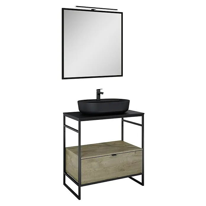 Inspira Badmöbel-Set FA5 - Gesamtbreite Badmöbel: 80 cm, Black/Canela Oak, Matt, 6 -tlg. - Elegantes Badezimmer-Waschtisch-Set mit schwarzem Aufsatzwaschbecken, modernem Unterschrank und Spiegel mit Beleuchtung für stilvolles Ambiente.