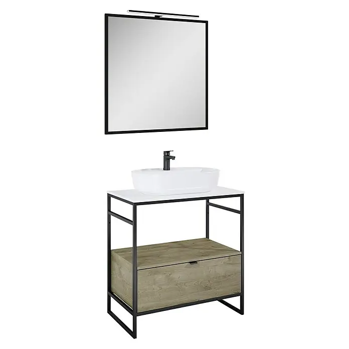 Inspira Badmöbel-Set FA7 - Gesamtbreite Badmöbel: 80 cm, White/Canela Oak/Black, Matt, 6 -tlg. - Waschbeckenunterschrank-Kombination mit Spiegel. Das moderne Design umfasst ein Waschbecken, einen Unterschrank mit Schublade und einen Spiegel.