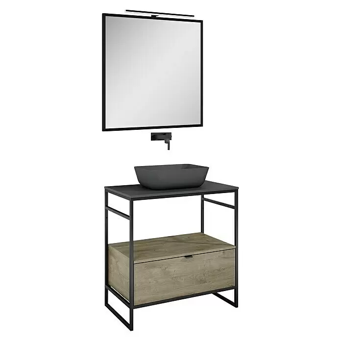 Inspira Badmöbel-Set FB1 - Gesamtbreite Badmöbel: 80 cm, Anthracite/Canela Oak/Black, Matt, 6 -tlg. - Diagonale Ansicht