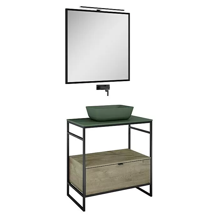 Inspira Badmöbel-Set FB2 - Gesamtbreite Badmöbel: 80 cm, Forest Green/Canela Oak/Black, Matt, 6 -tlg. - Diagonale Ansicht