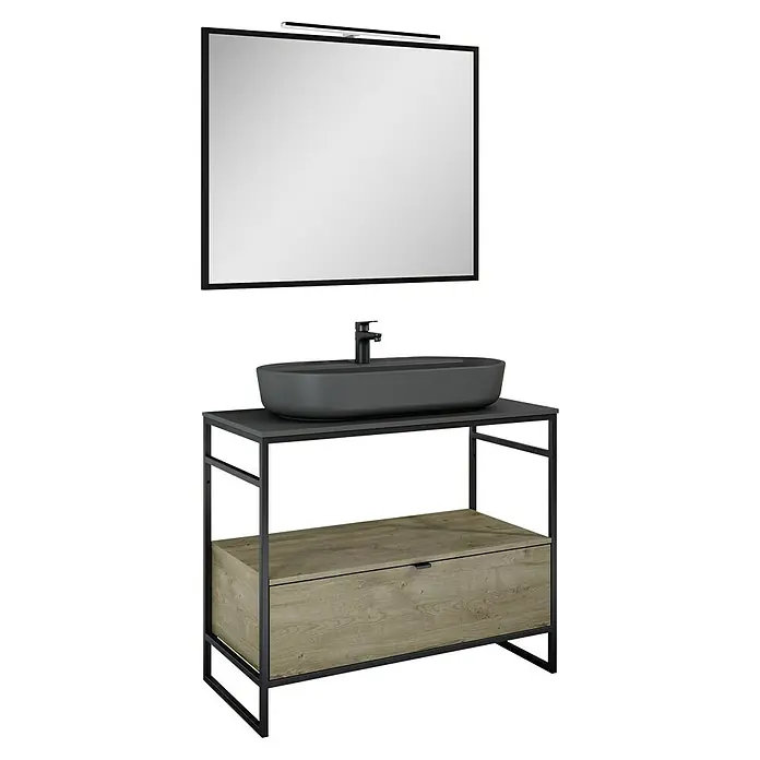 Inspira Badmöbel-Set GA1 - Gesamtbreite Badmöbel: 100 cm, Anthracite/Canela Oak/Black, Matt, 6 -tlg. - Modernes Badezimmer-Waschbecken mit schwarzer Armatur, Spiegel und Holzschrank für ein stilvolles Ambiente.