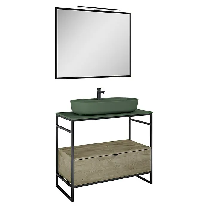 Inspira Badmöbel-Set GA2 - Gesamtbreite Badmöbel: 100 cm, Forest Green/Canela Oak/Black, Matt, 6 -tlg. - Schickes Badezimmer-Waschbecken-Set mit grünem Aufsatzwaschbecken, Holzschrank und Spiegel mit integrierter Beleuchtung für moderne Badezimmer.